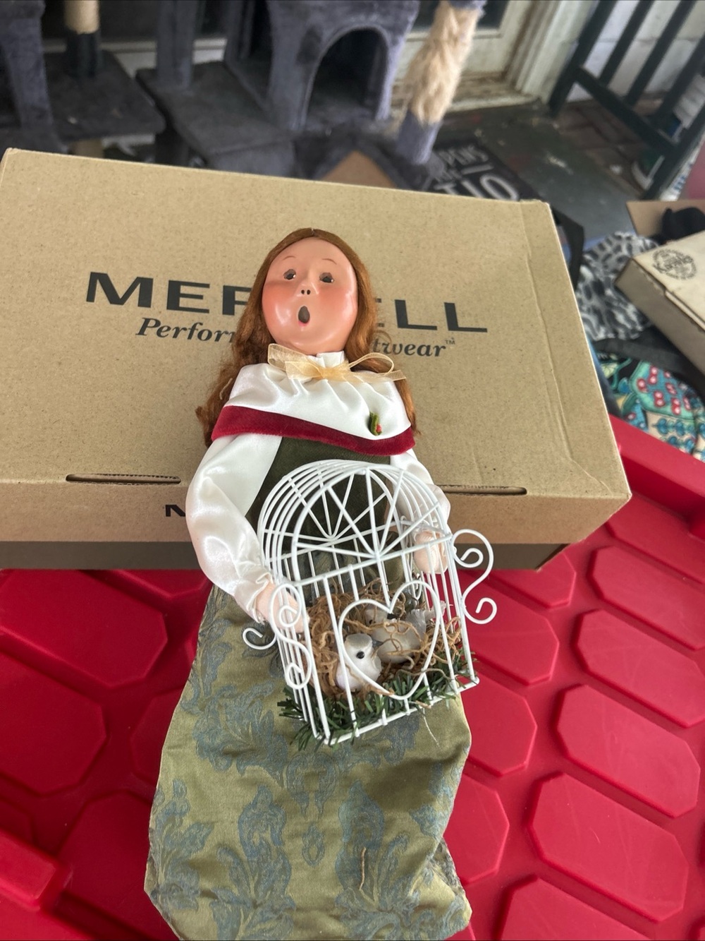 Byers choice Singing Caroler Doll in Green and White with Birdcage
